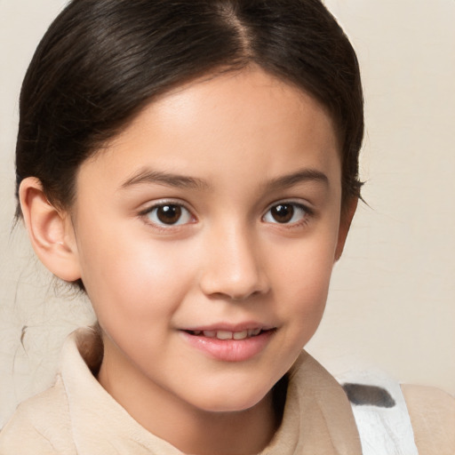 Joyful white child female with medium  brown hair and brown eyes