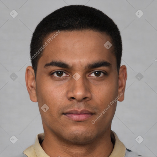 Neutral latino young-adult male with short  brown hair and brown eyes