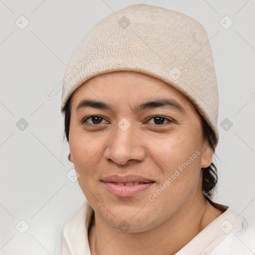 Joyful asian young-adult female with medium  brown hair and brown eyes