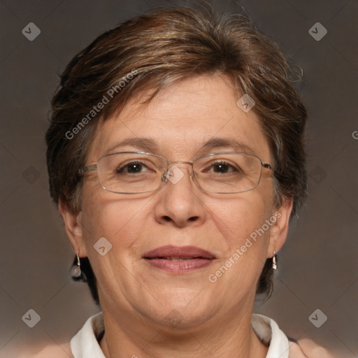 Joyful white middle-aged female with short  brown hair and brown eyes