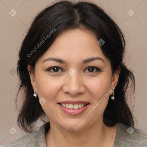 Joyful white adult female with medium  brown hair and brown eyes