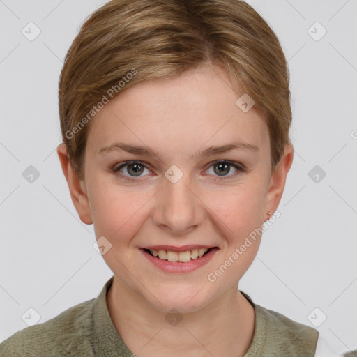 Joyful white young-adult female with short  brown hair and grey eyes