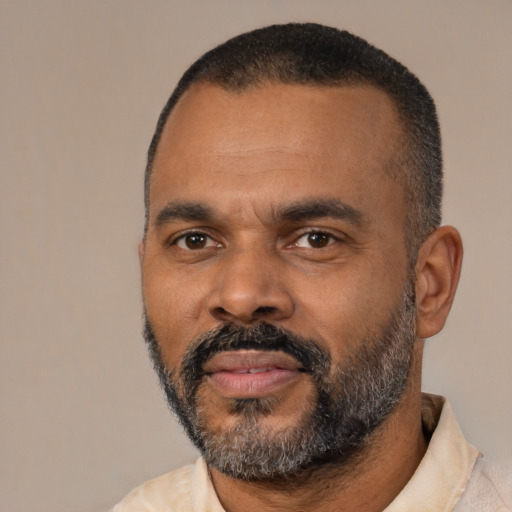 Neutral black adult male with short  black hair and brown eyes