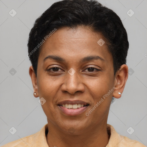 Joyful latino young-adult female with short  brown hair and brown eyes