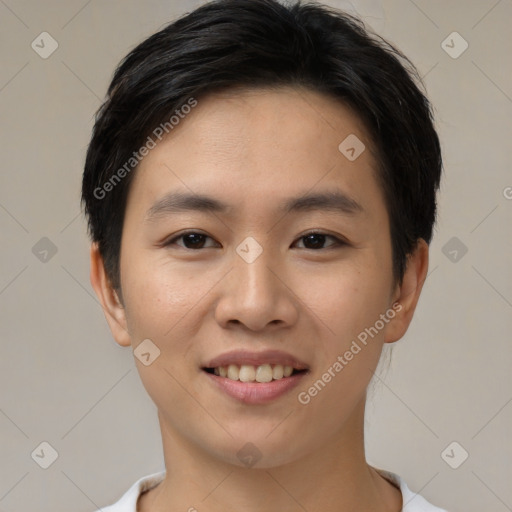 Joyful asian young-adult female with short  brown hair and brown eyes