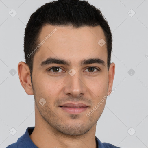 Joyful white young-adult male with short  brown hair and brown eyes