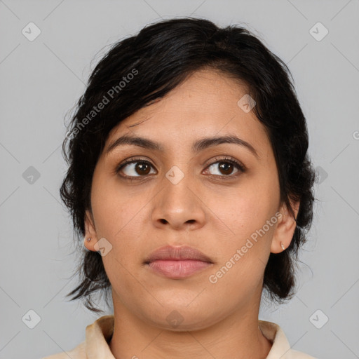 Neutral asian young-adult female with medium  brown hair and brown eyes