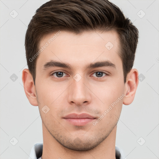 Neutral white young-adult male with short  brown hair and brown eyes