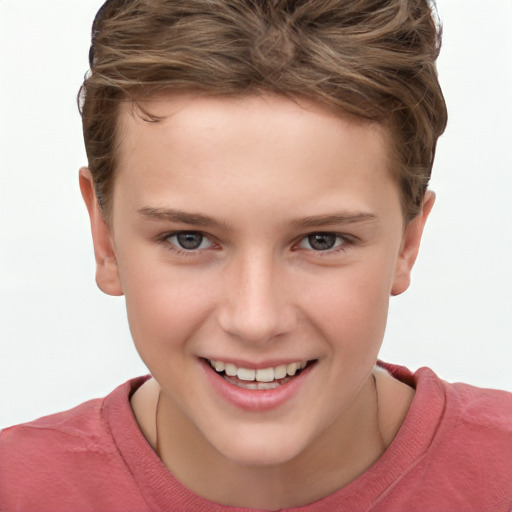 Joyful white child female with short  brown hair and grey eyes