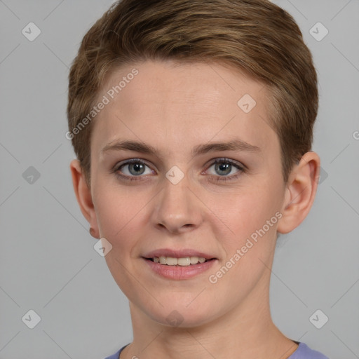 Joyful white young-adult female with short  brown hair and grey eyes