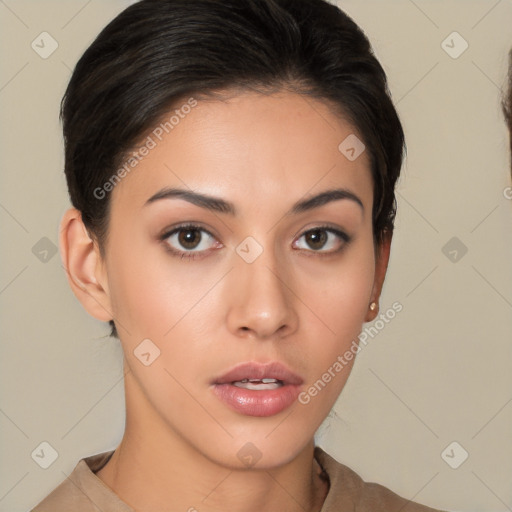 Neutral white young-adult female with short  brown hair and brown eyes