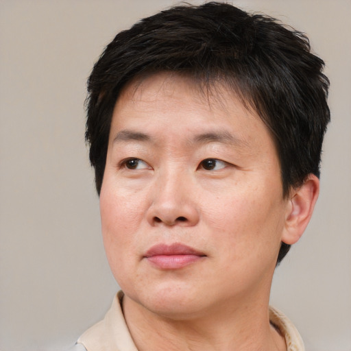 Joyful asian adult male with short  brown hair and brown eyes