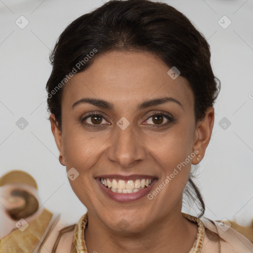 Joyful latino young-adult female with short  brown hair and brown eyes