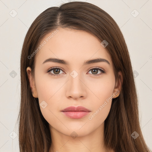 Neutral white young-adult female with long  brown hair and brown eyes