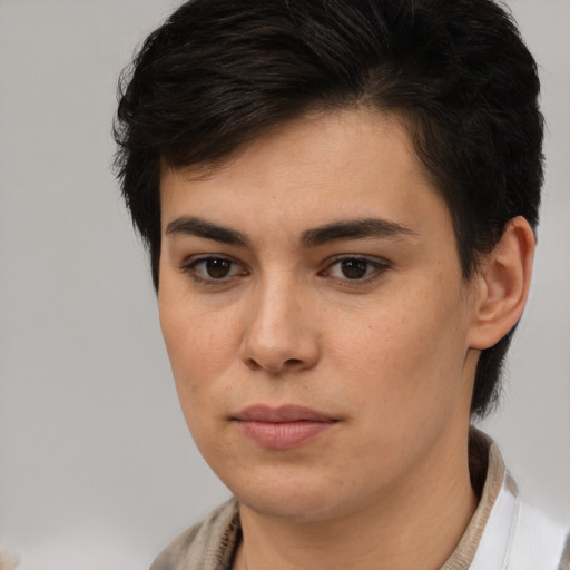 Neutral white young-adult female with short  brown hair and brown eyes