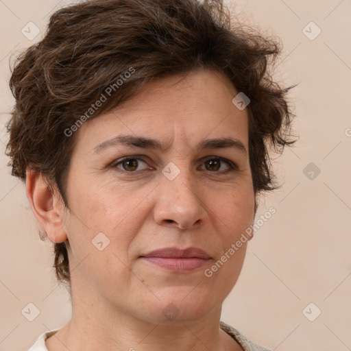 Joyful white adult female with short  brown hair and brown eyes