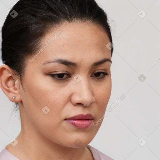 Neutral white young-adult female with medium  brown hair and brown eyes