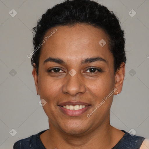 Joyful latino young-adult female with short  black hair and brown eyes