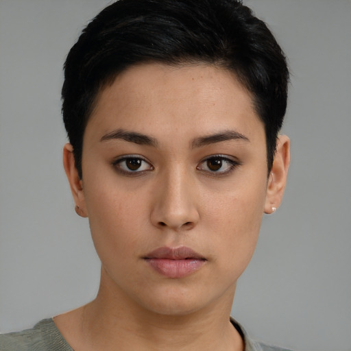 Neutral asian young-adult female with short  black hair and brown eyes
