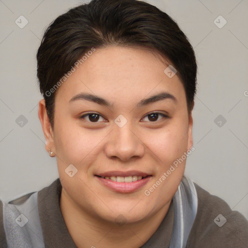 Joyful asian young-adult female with short  brown hair and brown eyes