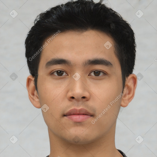 Neutral asian young-adult male with short  black hair and brown eyes