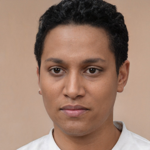 Neutral latino young-adult female with short  black hair and brown eyes