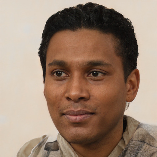 Neutral black young-adult male with short  black hair and brown eyes