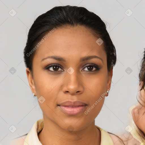 Joyful latino young-adult female with medium  brown hair and brown eyes