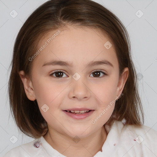 Joyful white child female with medium  brown hair and brown eyes