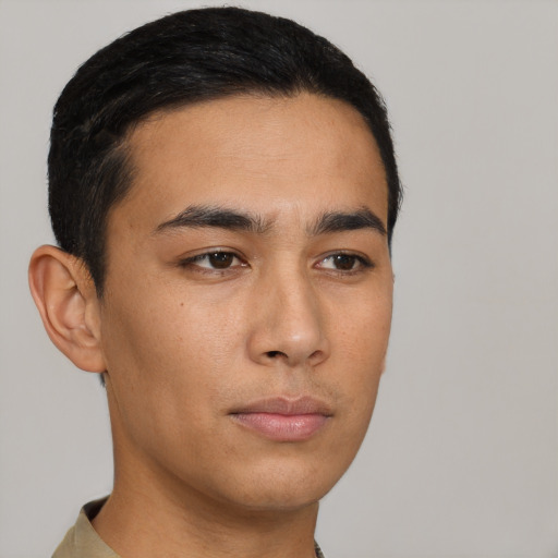 Neutral asian young-adult male with short  black hair and brown eyes