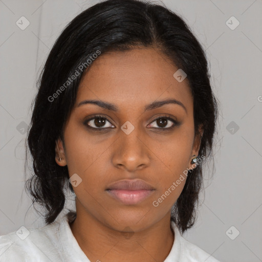 Neutral asian young-adult female with medium  brown hair and brown eyes