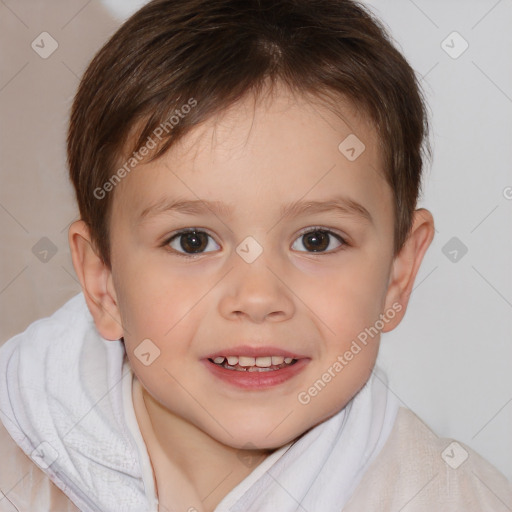 Joyful white child male with short  brown hair and brown eyes