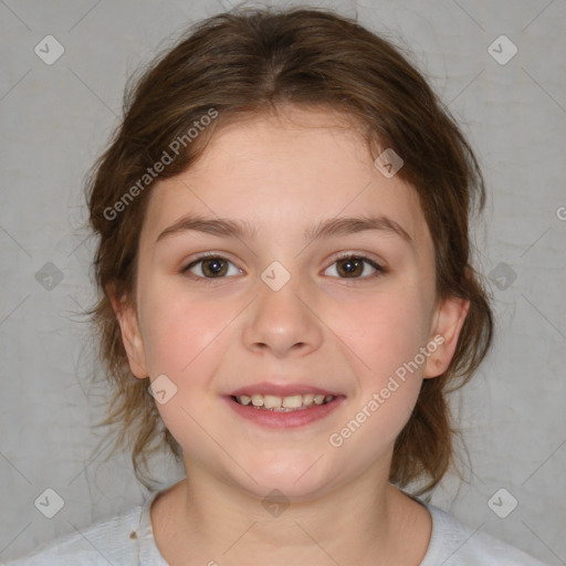 Joyful white child female with medium  brown hair and brown eyes