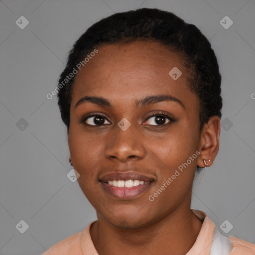 Joyful latino young-adult female with short  black hair and brown eyes