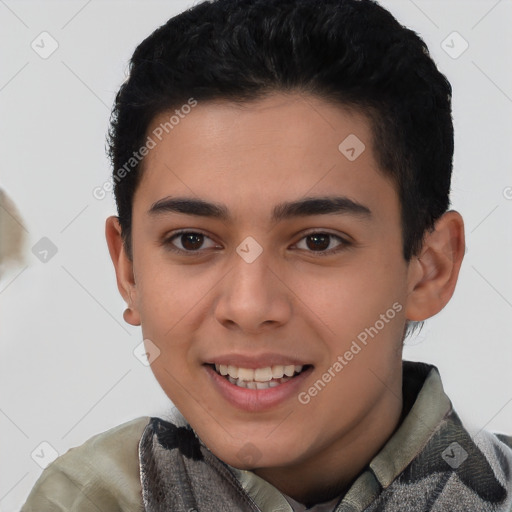 Joyful latino young-adult male with short  brown hair and brown eyes