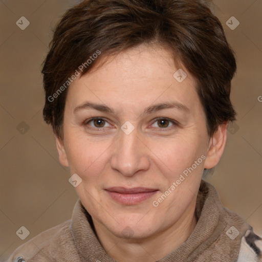 Joyful white adult female with short  brown hair and brown eyes