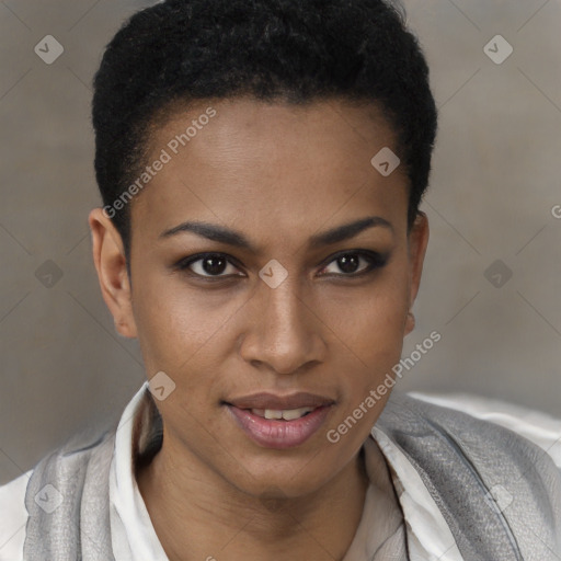 Joyful black young-adult female with short  brown hair and brown eyes