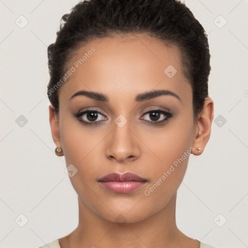 Neutral latino young-adult female with short  brown hair and brown eyes