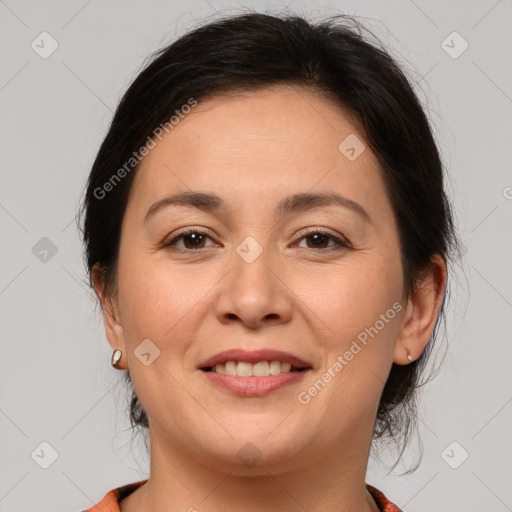 Joyful white young-adult female with medium  brown hair and brown eyes