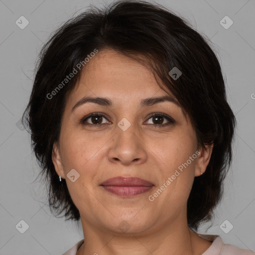 Joyful white adult female with medium  brown hair and brown eyes