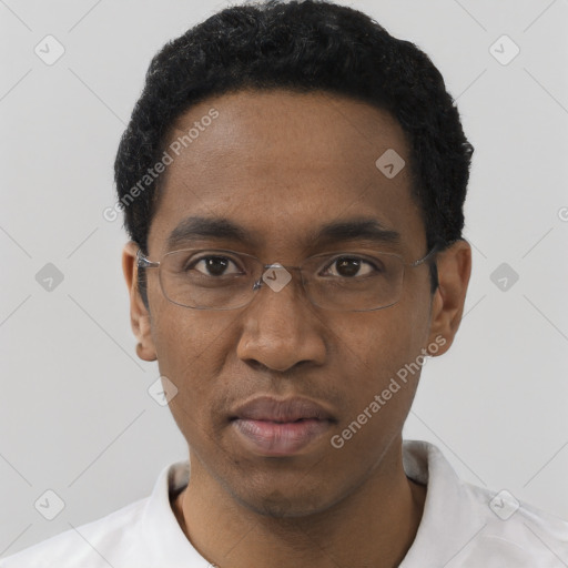 Neutral black young-adult male with short  black hair and brown eyes