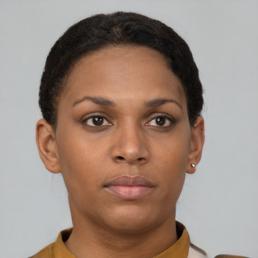 Neutral black young-adult female with short  brown hair and brown eyes