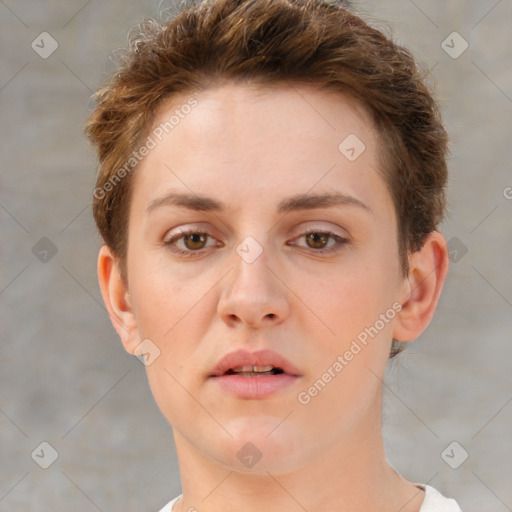 Neutral white young-adult female with short  brown hair and brown eyes