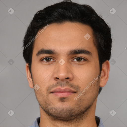 Neutral latino young-adult male with short  black hair and brown eyes