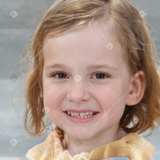 Joyful white child female with medium  brown hair and brown eyes