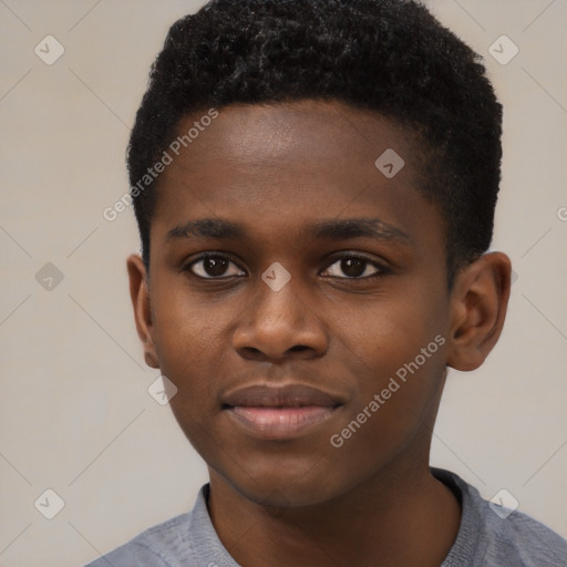 Joyful black young-adult male with short  brown hair and brown eyes