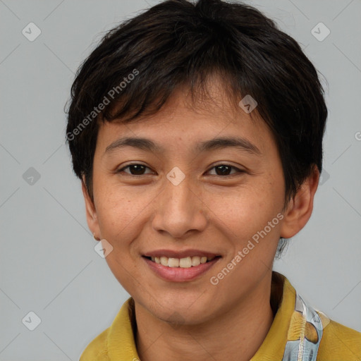 Joyful white young-adult female with short  brown hair and brown eyes