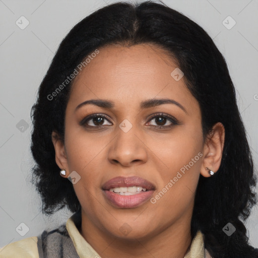 Joyful latino young-adult female with long  black hair and brown eyes