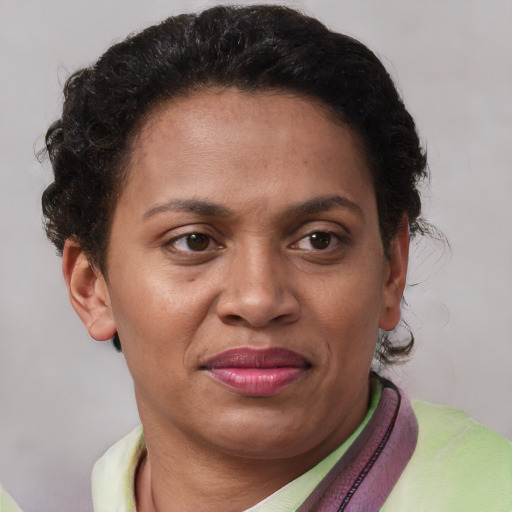 Joyful latino adult female with short  brown hair and brown eyes