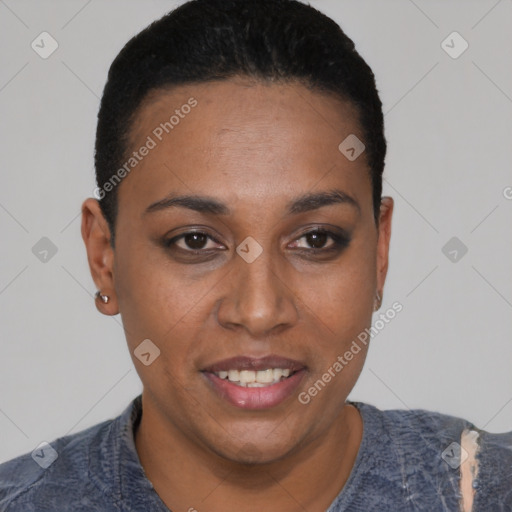 Joyful black young-adult female with short  black hair and brown eyes